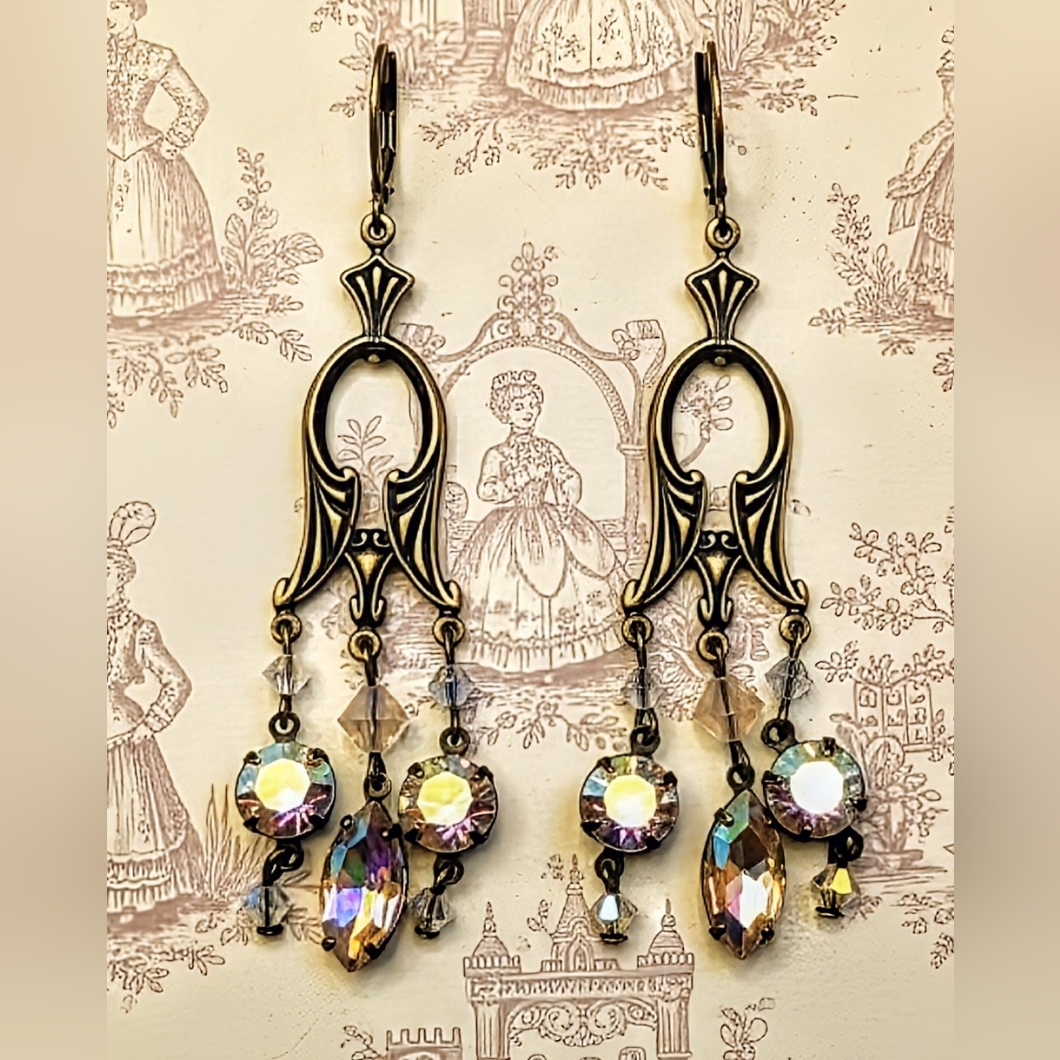 Stunning Victorian Chandelier Swarovski Crystal Ab In Brass Earrings 59$